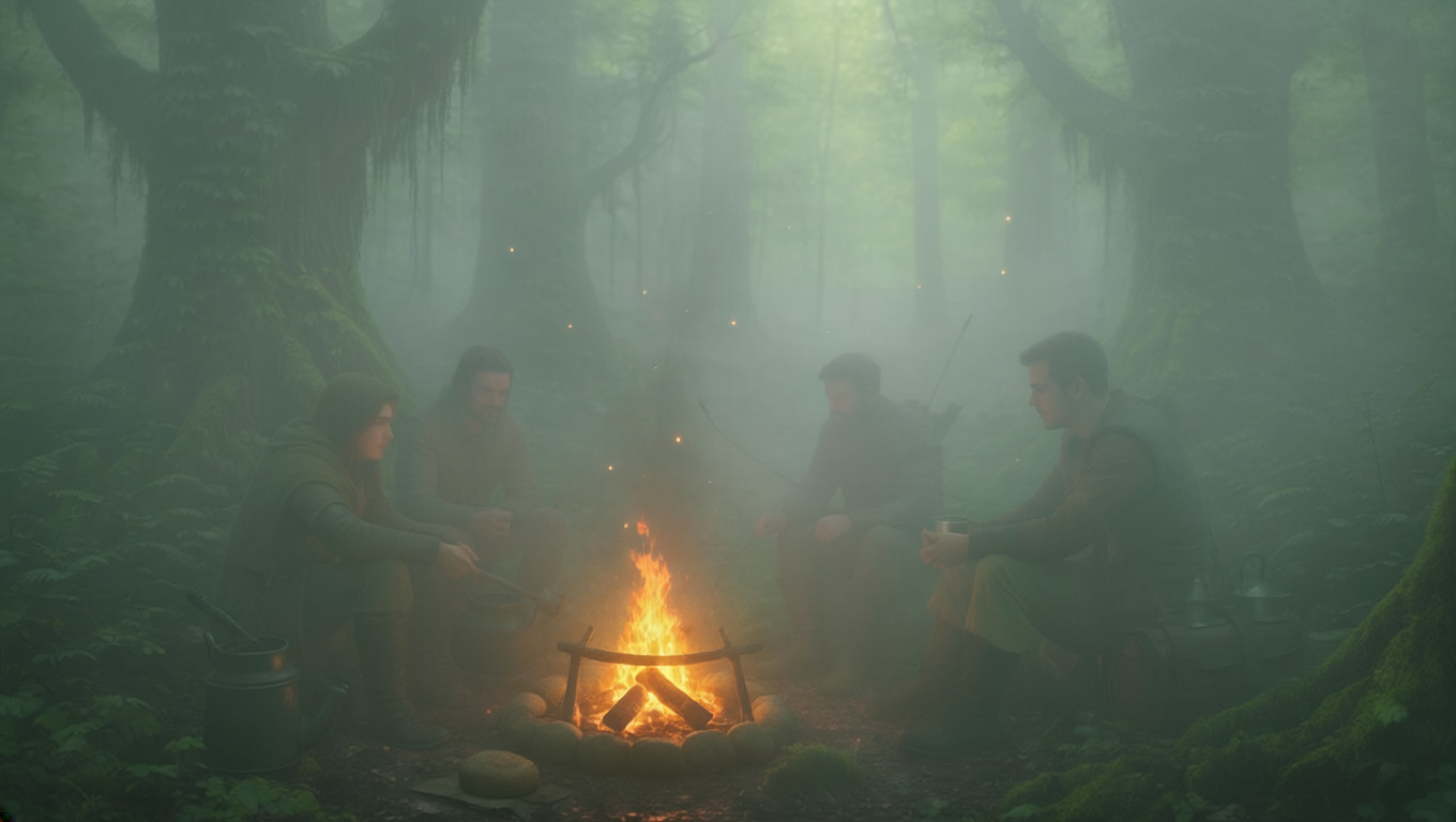 Adventurers gathered around a campfire